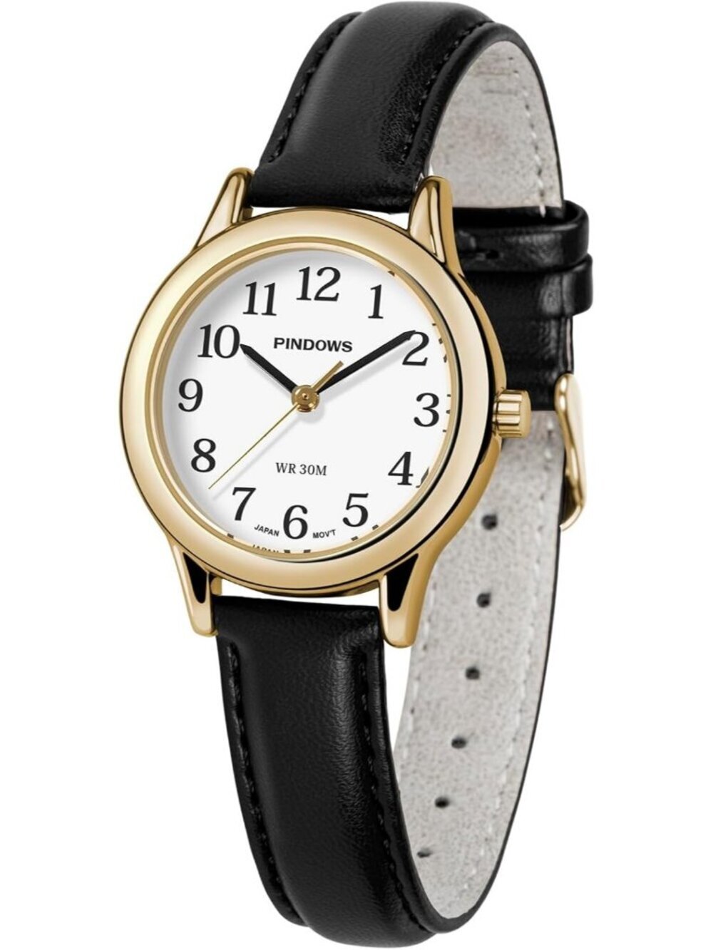 Pindows Womens Black White Elegant Quartz Analog Leather Strap Fashionable Watch